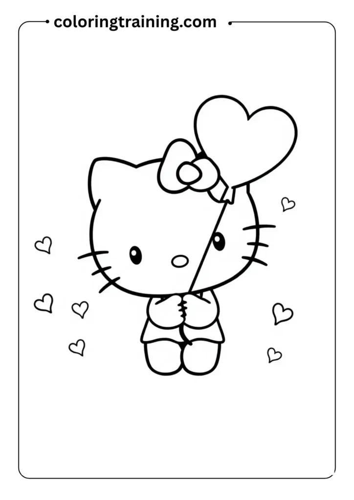 Cute black-and-white outline of Hello Kitty holding a heart-shaped balloon, surrounded by little stars and hearts, perfect for a kids coloring page