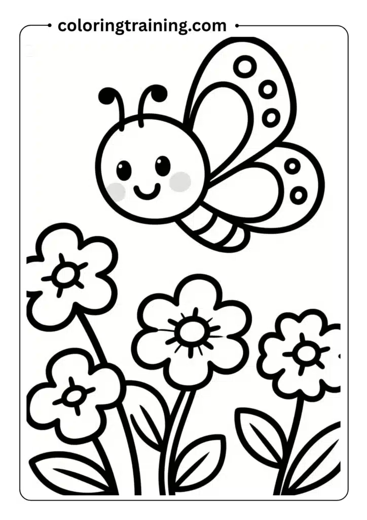 Cute cartoon-style butterfly flying above flowers