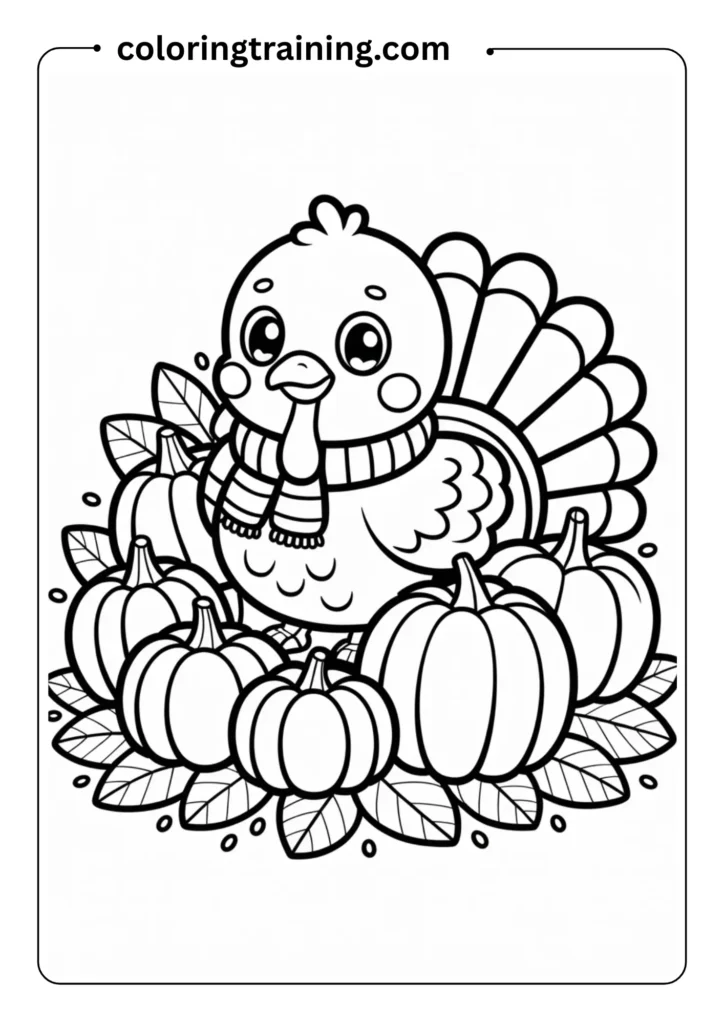 Cute chibi turkey wearing a scarf, surrounded by pumpkins and leaves, outlined in kawaii style