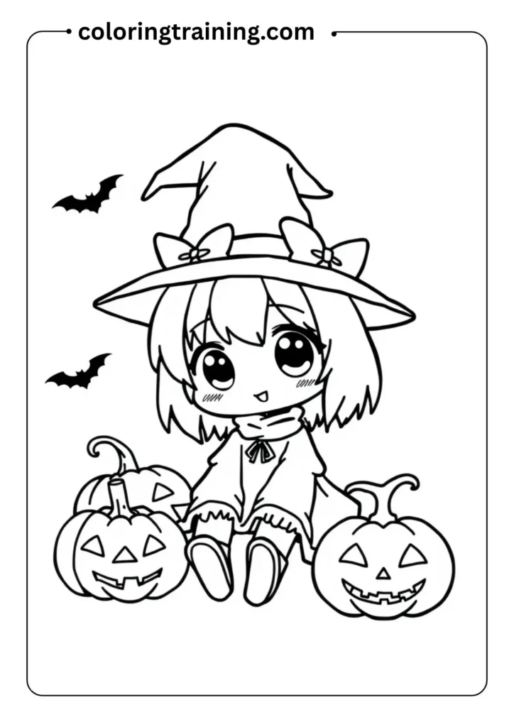 Cute outline of Kuromi wearing a witch hat, sitting beside carved Halloween pumpkins, kid-friendly spooky style