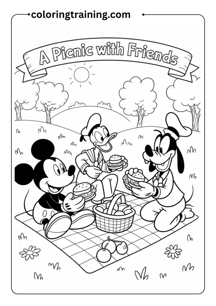Detailed coloring page featuring Mickey Mouse having a picnic with Donald Duck
