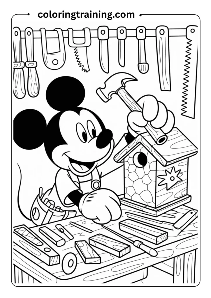 Detailed coloring page showing Mickey Mouse in his workshop surrounded by tools