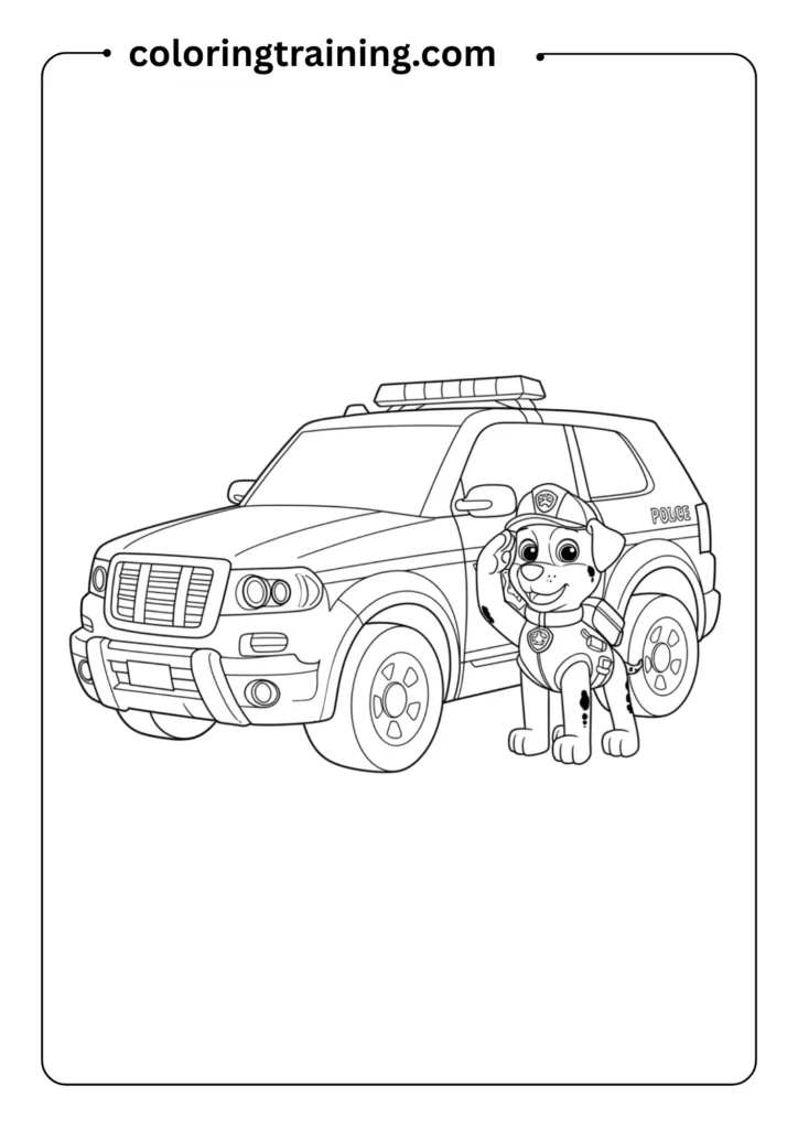 Detailed outline of a rescue pup’s police car with sirens