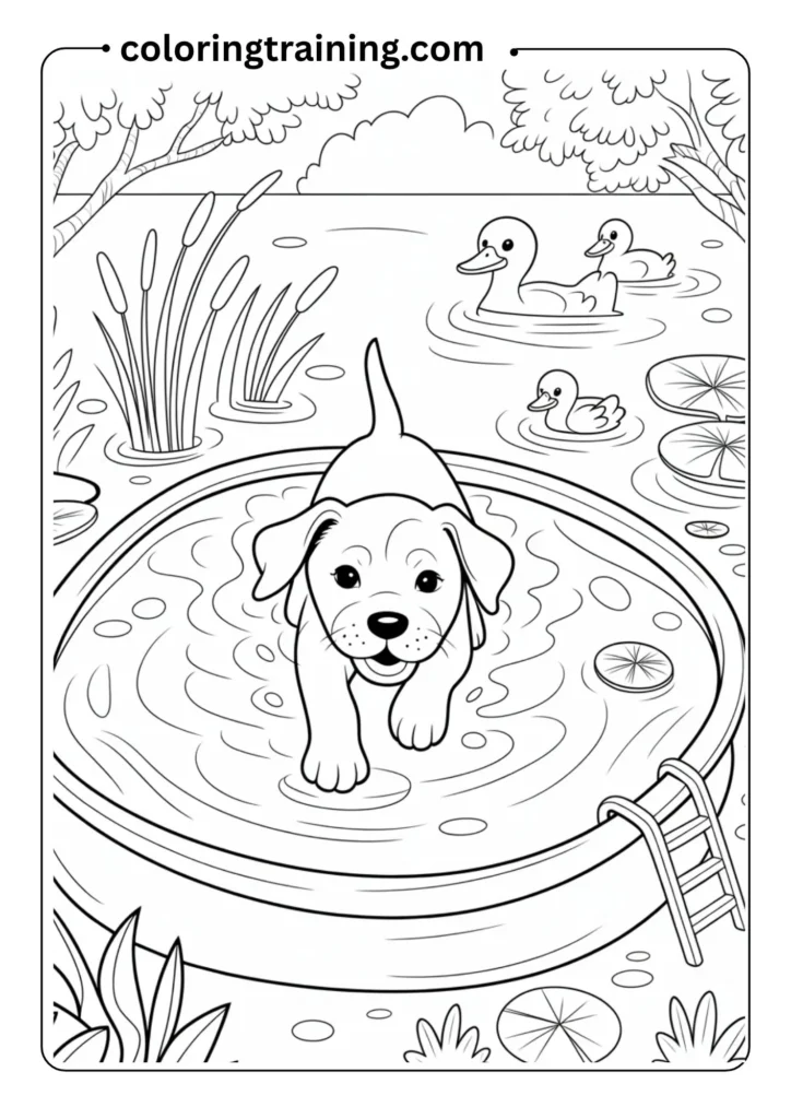 Dynamic coloring page featuring a young Labrador puppy taking its first swim in a shallow pond or kiddie pool. The puppy shows