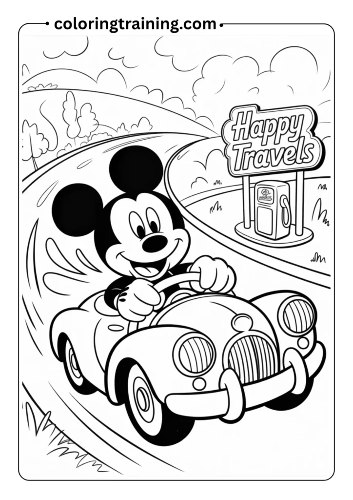 Dynamic coloring page showing Mickey Mouse happily driving a vintage-style car