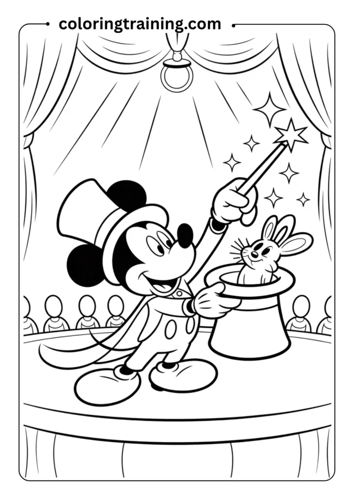 Entertaining coloring page showing Mickey Mouse as a magician performing tricks