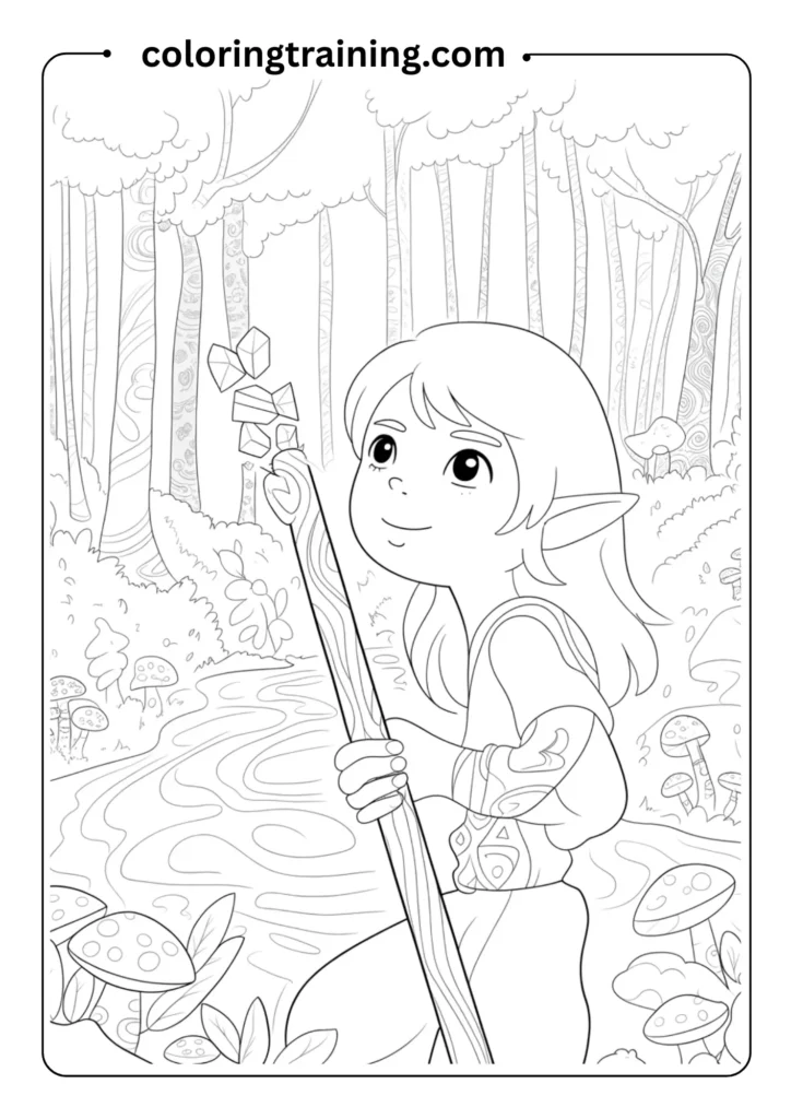 Fantasy anime character with elf ears and a staff, standing in front of a mystical forest, line art for coloring