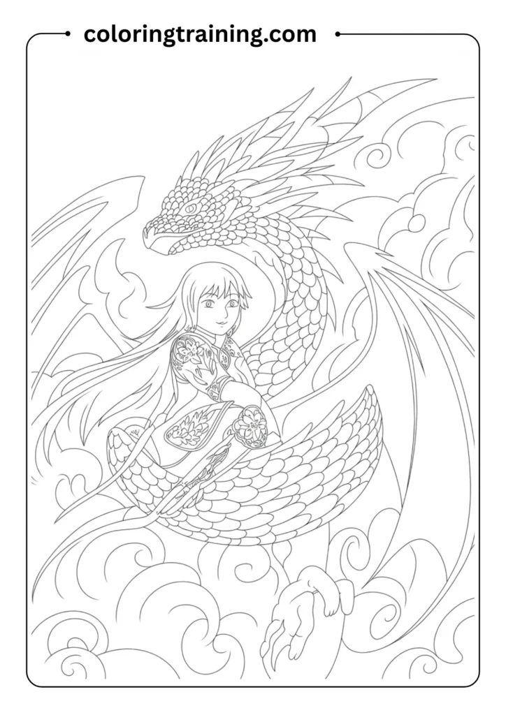 Fantasy anime dragon rider with long hair, detailed dragon scales and wings, outlined only