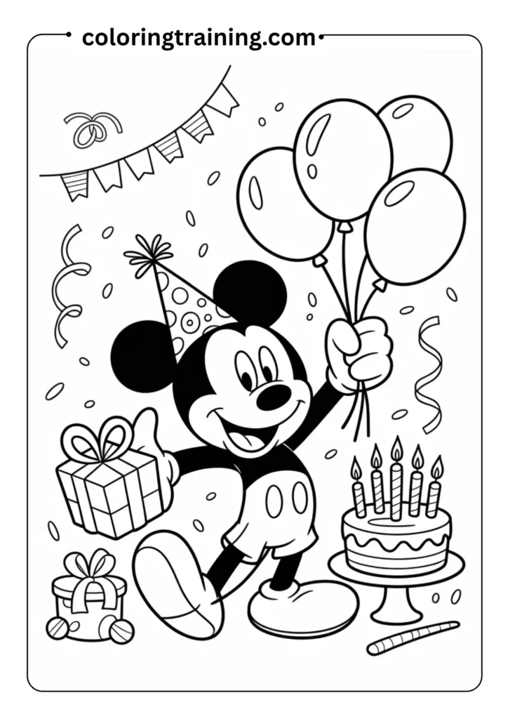 Festive coloring page featuring Mickey Mouse celebrating at a birthday party. He's wearing