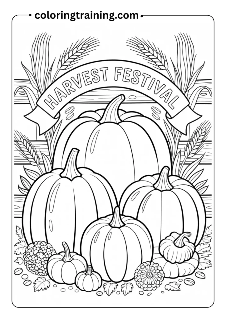 Festive coloring page showing three pumpkins of different sizes arranged together with harvest decorations. Large pumpkin in center