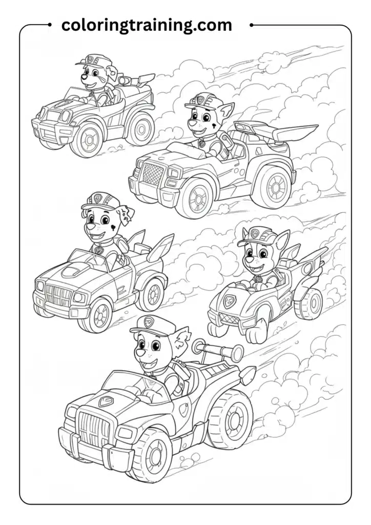 Four pups in their specialty vehicles driving side-by-side on a mission