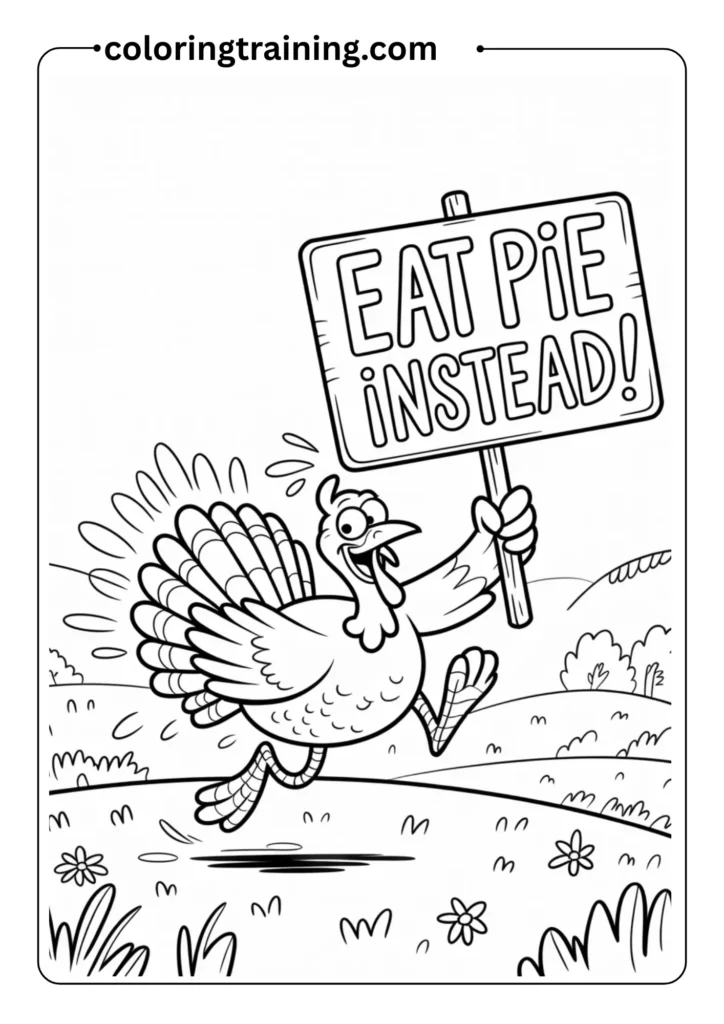 Funny turkey running away with a sign that says 'Eat Pie Instead!', outlined for humorous coloring page