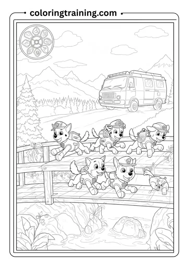 Group of rescue pups running across a bridge toward