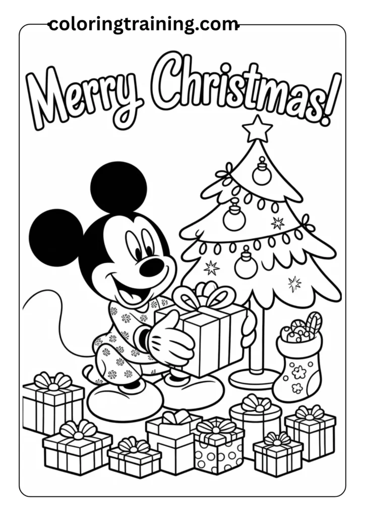 Holiday-themed coloring page showing Mickey Mouse on Christmas morning surrounded