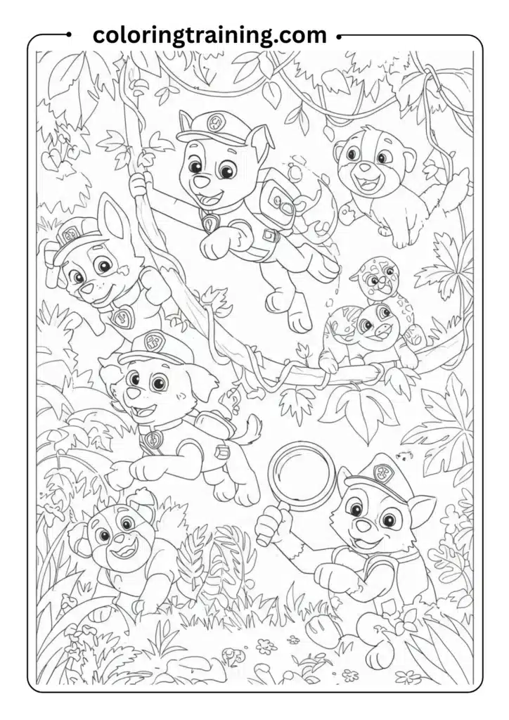 Jungle-themed rescue pups swinging on vines and searching with magnifying glasses