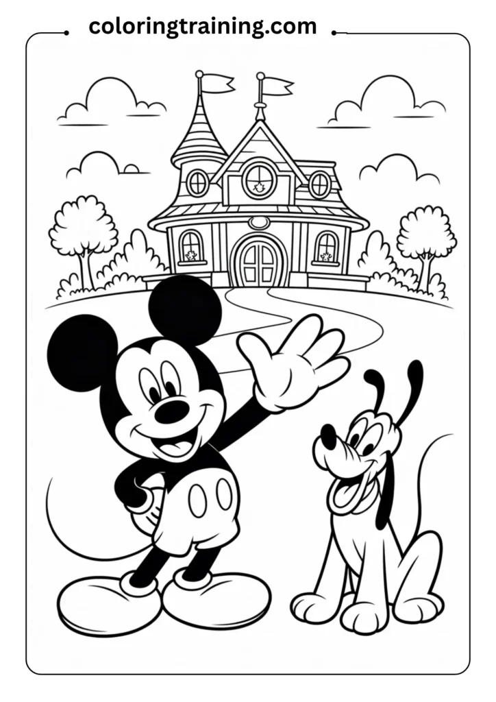 Large coloring page featuring Mickey Mouse standing in front of his iconic Clubhouse