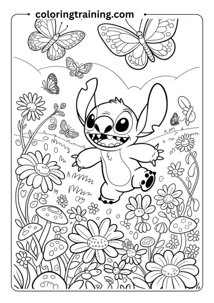Line art of Stitch chasing butterflies in a flower