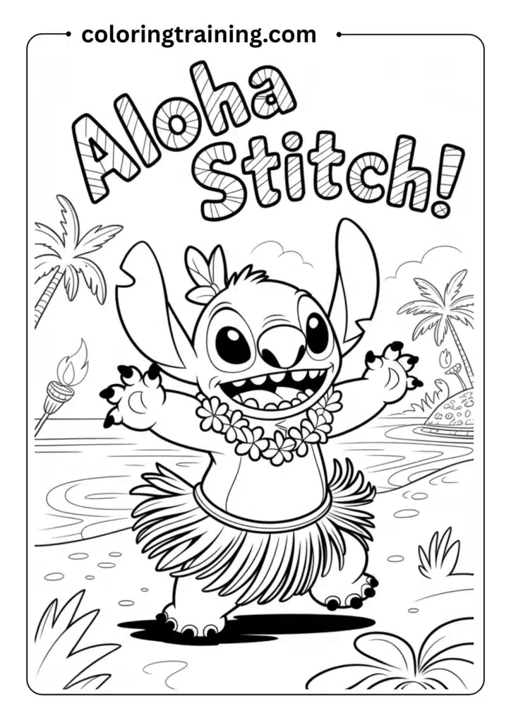 Line art of Stitch dancing hula in a grass skirt