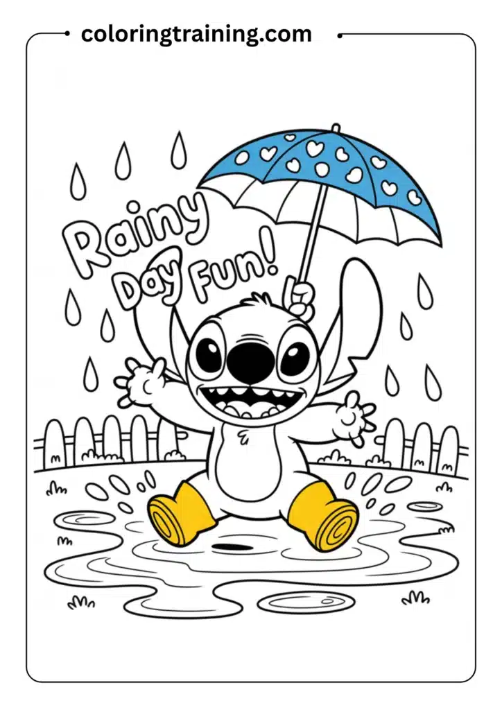 Line drawing of Stitch playing in a rain puddle