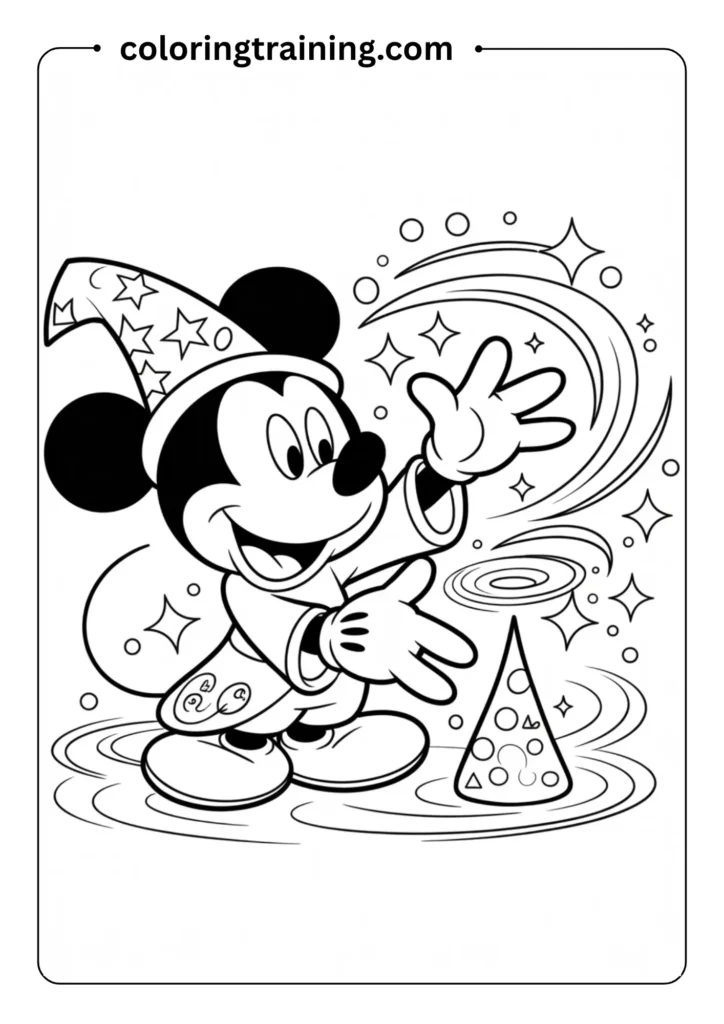 Magical coloring page showing Mickey Mouse as the Sorcerer's Apprentice wearing
