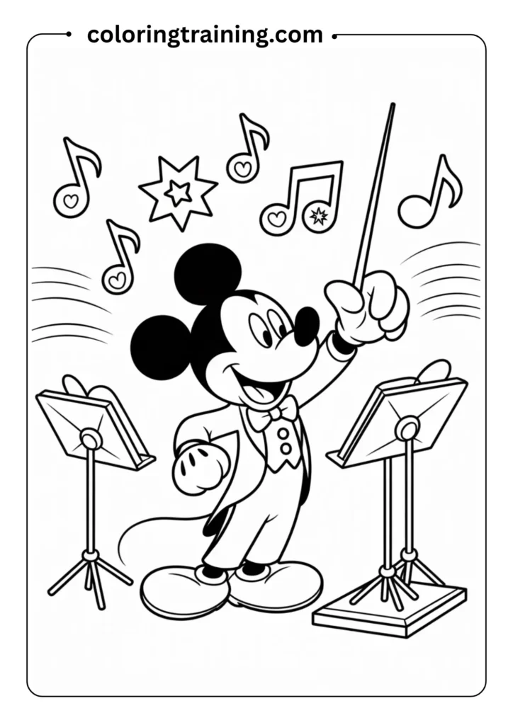 Musical coloring page featuring Mickey Mouse as a band conductor with a baton, leading