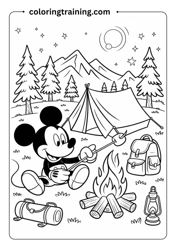 Outdoor adventure coloring page featuring Mickey Mouse camping in the wilderness