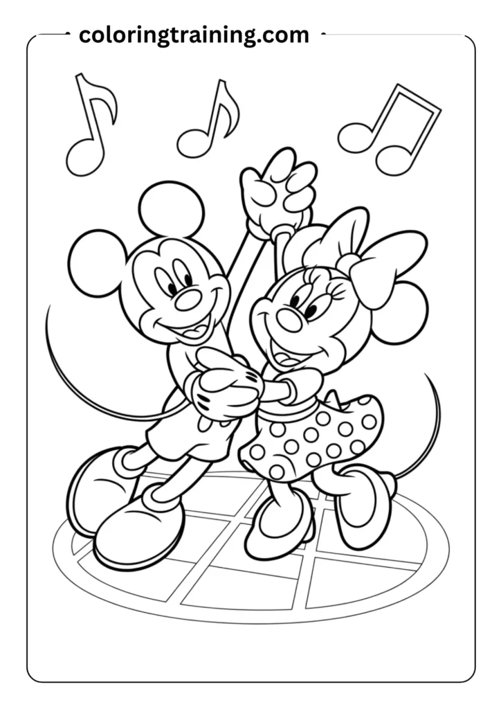 Outlined coloring page showing Mickey Mouse and Minnie Mouse dancing together