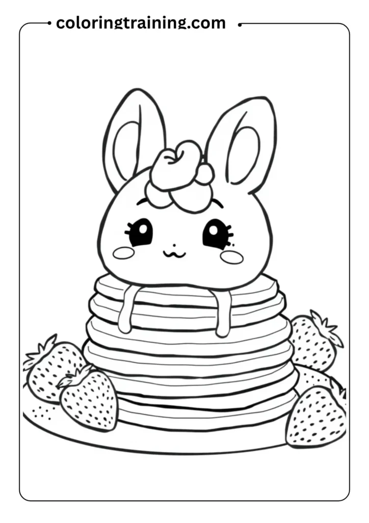 Outlined drawing of Cinnamoroll happily looking at a big stack of pancakes with syrup and strawberries, perfect for kids
