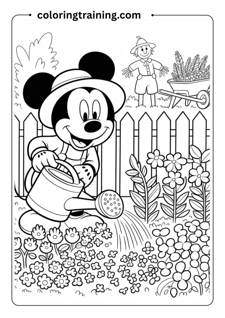 Peaceful coloring page showing Mickey Mouse in a garden setting, watering plants
