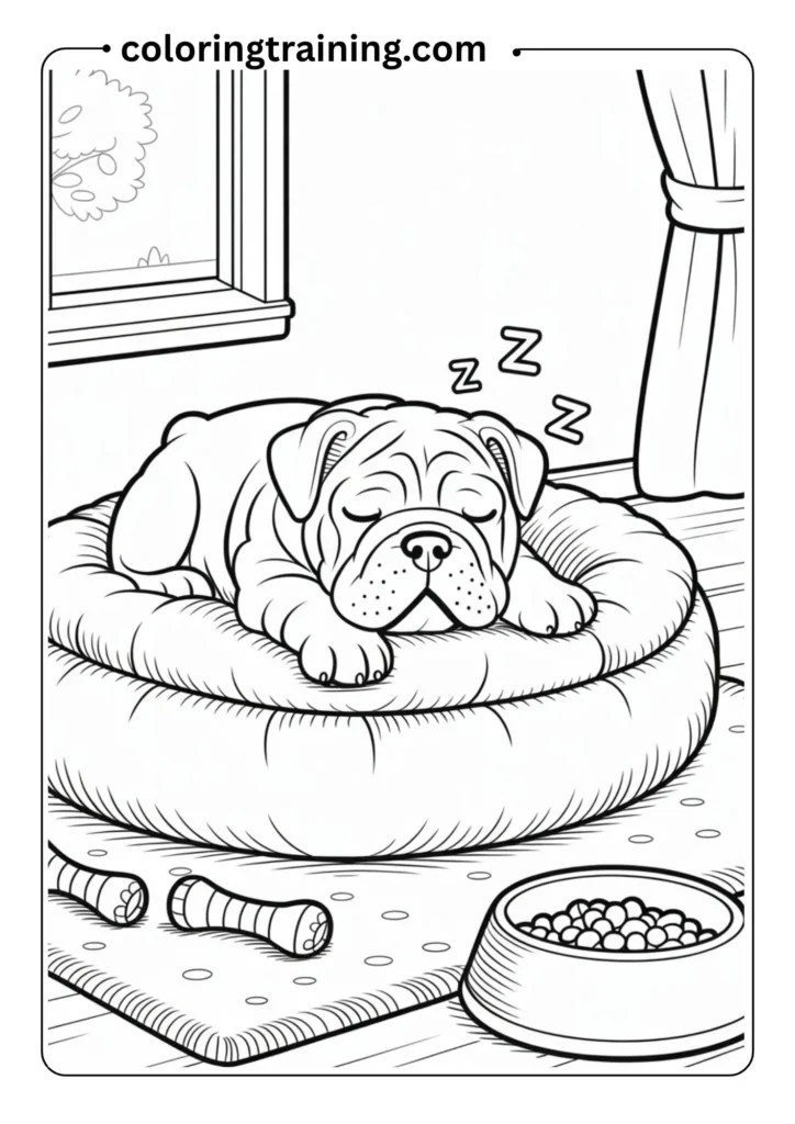 Peaceful coloring page showing an English Bulldog puppy fast asleep on a comfortable dog bed or cushion. The puppy's wrinkled face