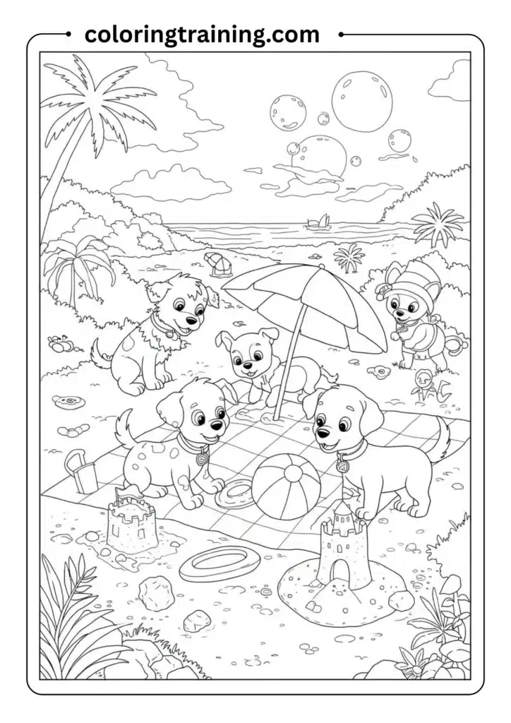 Puppies at a beach picnic playing with a frisbee