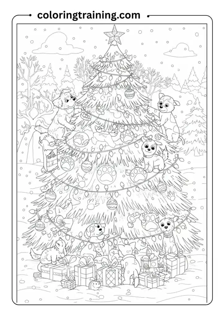 Pups decorating a giant Christmas tree with lights and paw-print ornaments,