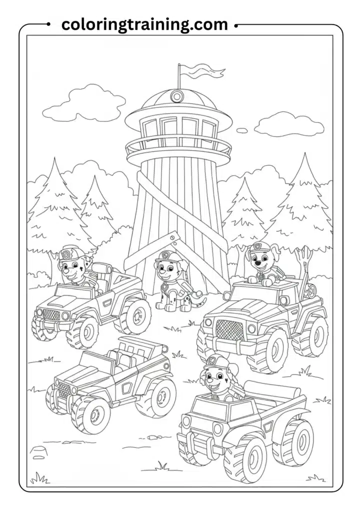Pups in their respective vehicles parked in front of a lookout tower