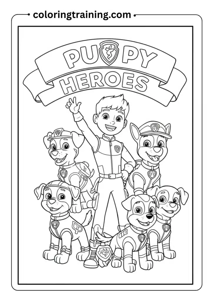 Rescue pups and their young trainer posing heroically under a banner that says