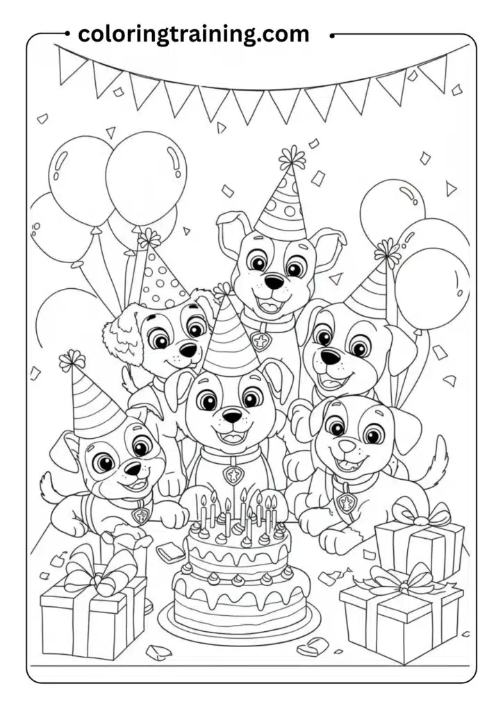 Rescue pups at a birthday party with balloons