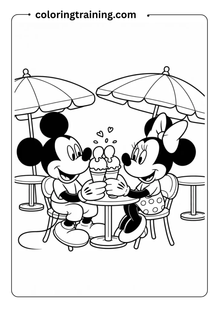 Summer-themed coloring page featuring Mickey Mouse at the beach building sandcastles