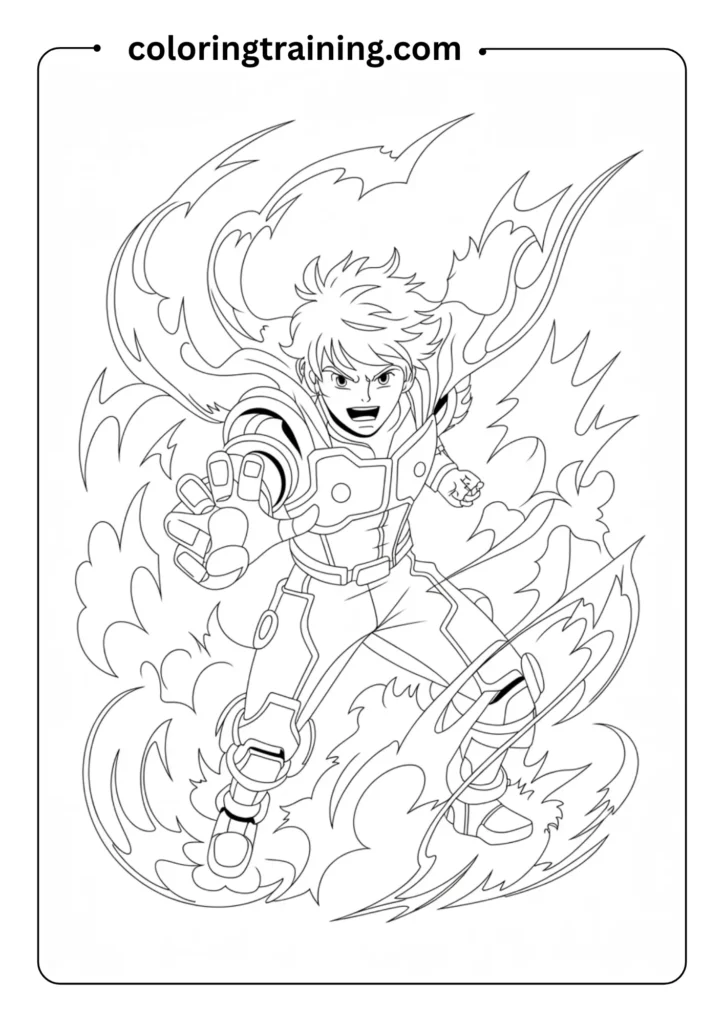 Shonen anime battle pose with intense expression and energy effects around character, outlined graphic only