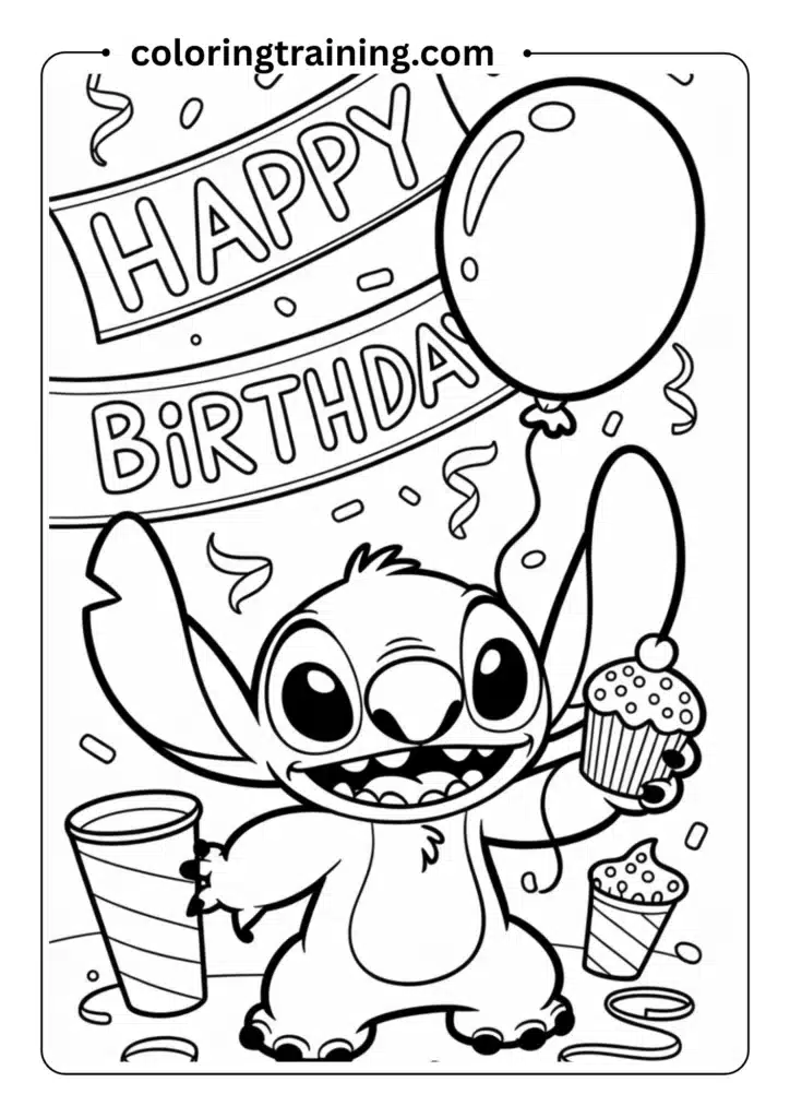 Simple outline of Stitch holding a balloon in one