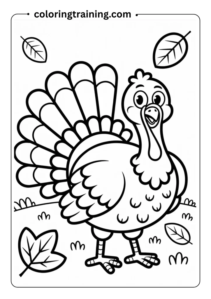 Simple turkey outline for preschoolers, standing with large tail feathers, bold cartoon lineshigh school classroom with students chatting and a teacher in front, all characters outlined