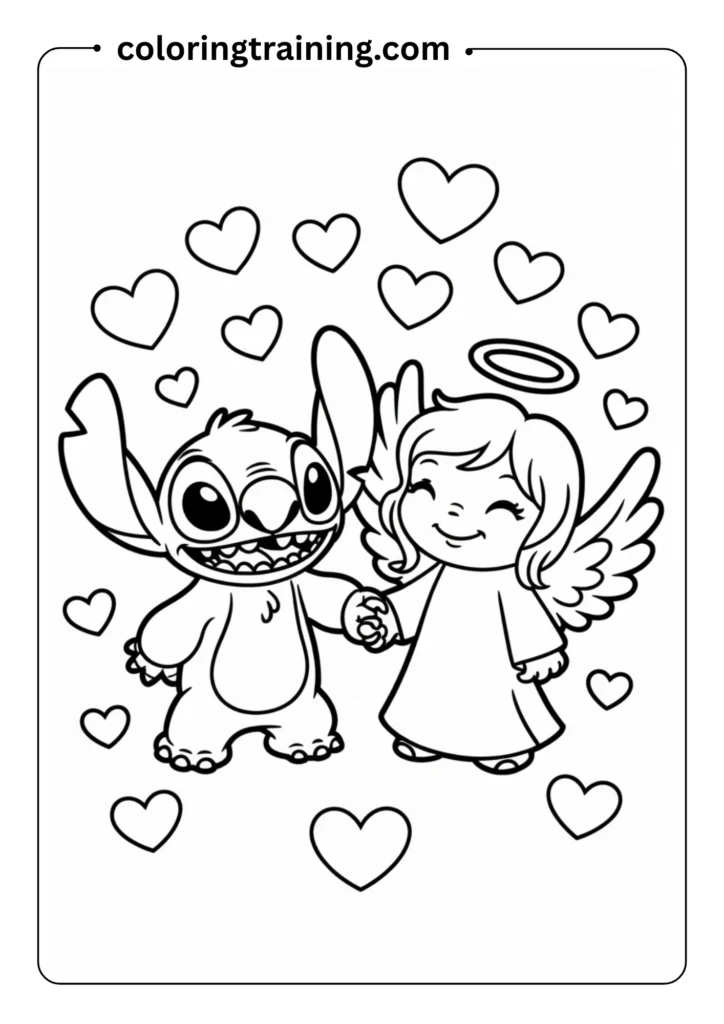 Stitch and Angel holding hands and smiling