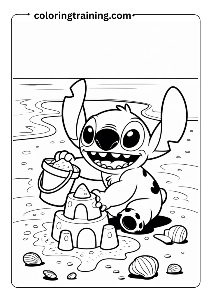 Stitch building a sandcastle with a bucket