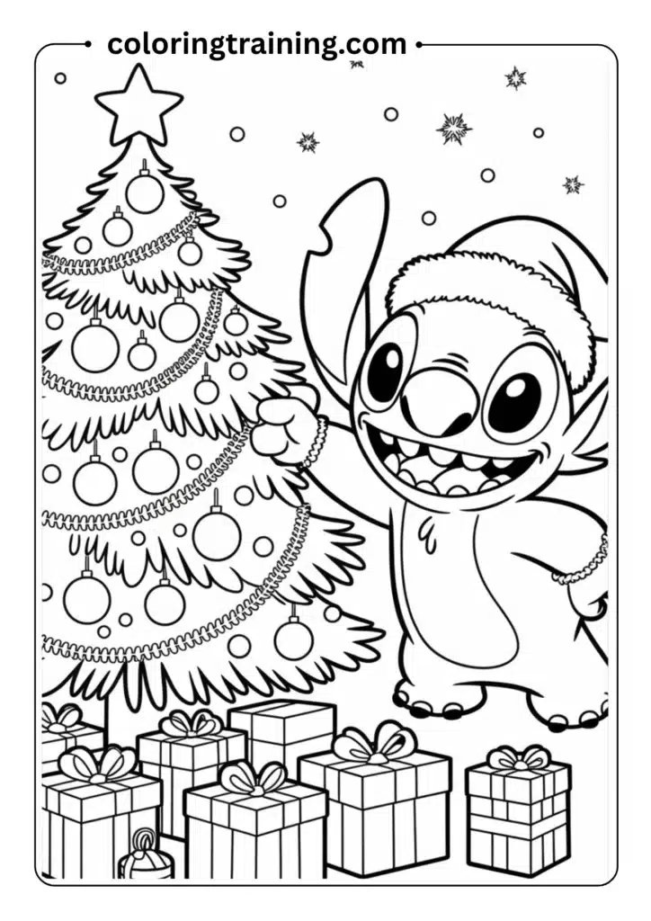 Stitch decorating a Christmas tree with ornaments