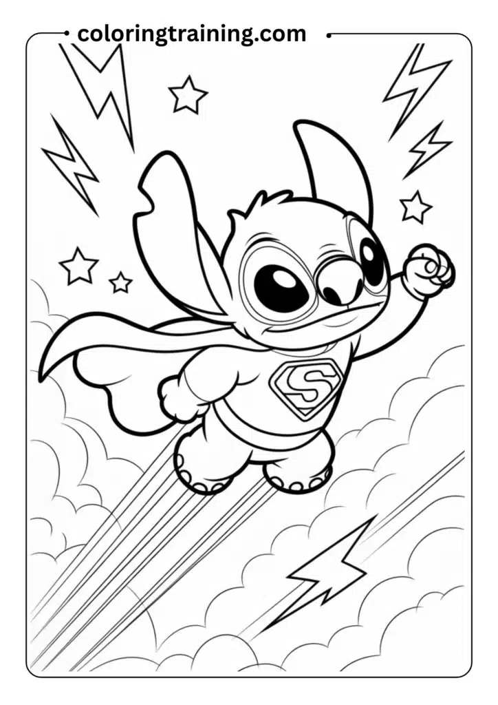 Stitch dressed as a superhero, flying throughart of Stitch making a funny face with his tongue out and hands pulling his cheeks