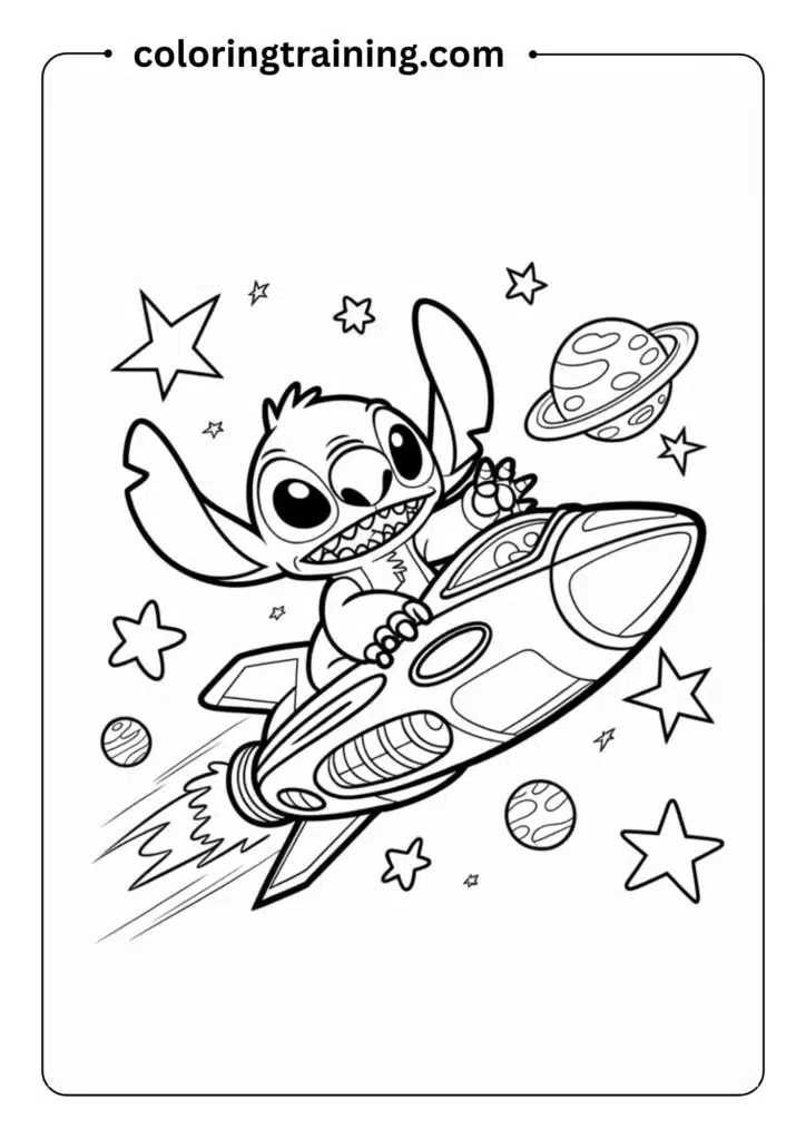 Stitch flying a spaceship in outer space art of Stitch dancing hula in a grass skirt
