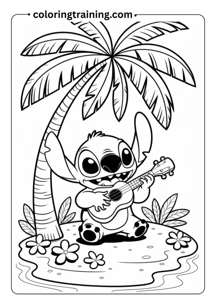 Stitch playing ukulele under a coconut tree,
