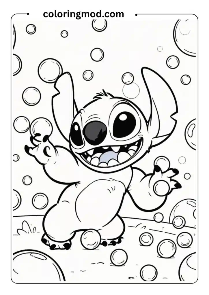Stitch playing with bubbles
