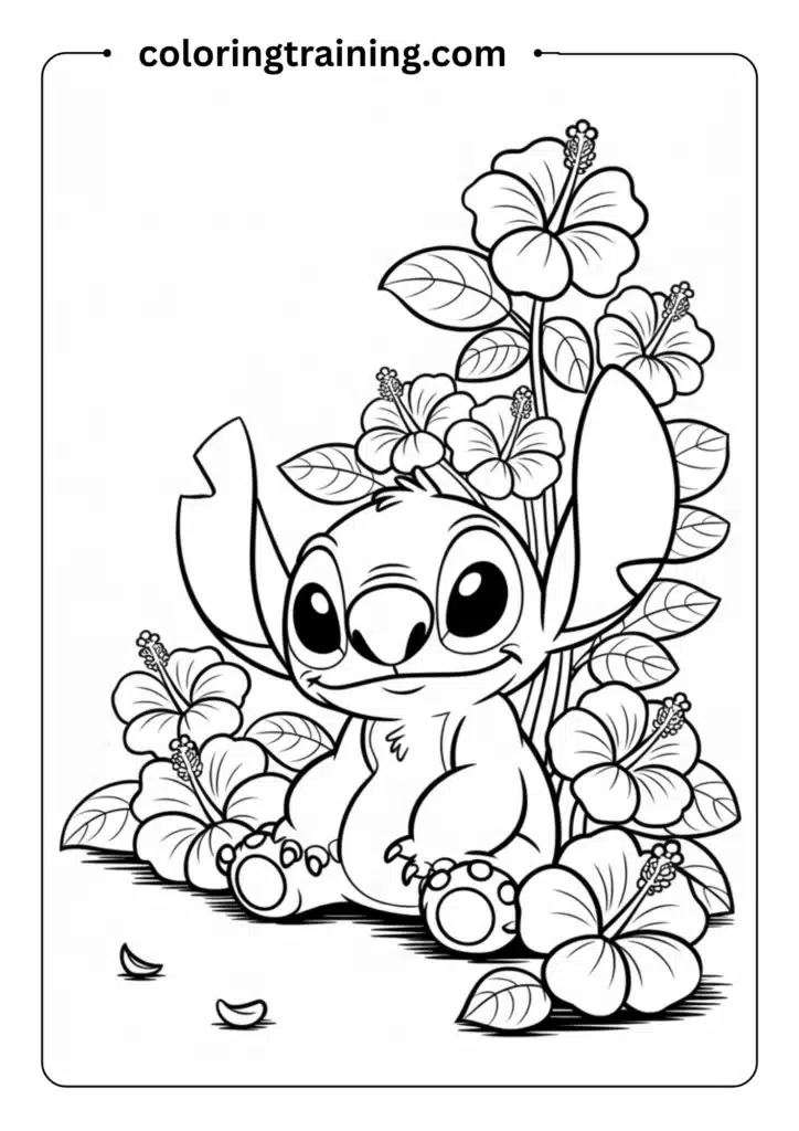 Stitch sitting peacefully among hibiscus flowers