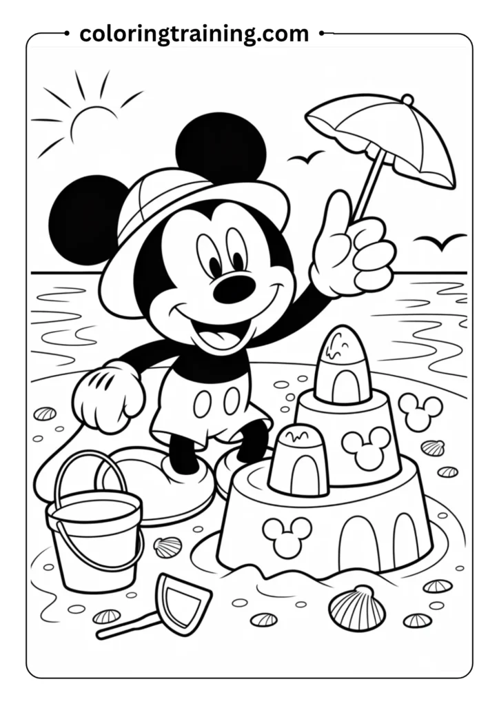 Summer-themed coloring page featuring Mickey Mouse at the beach building sandcastles
