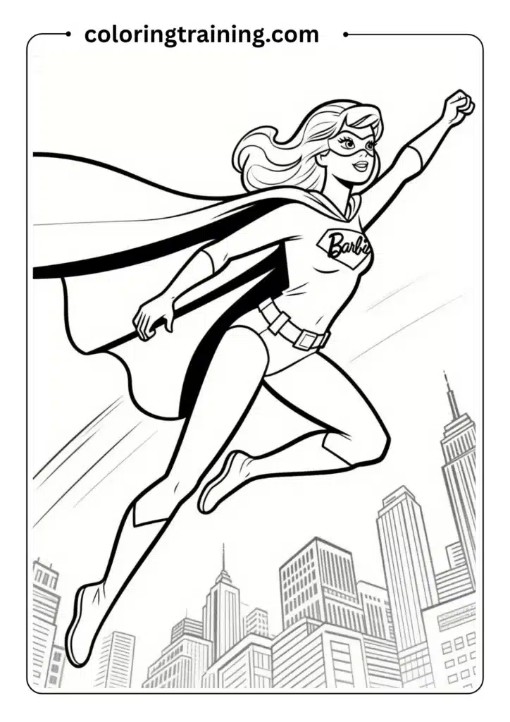Superhero Barbie flying over a city skyline