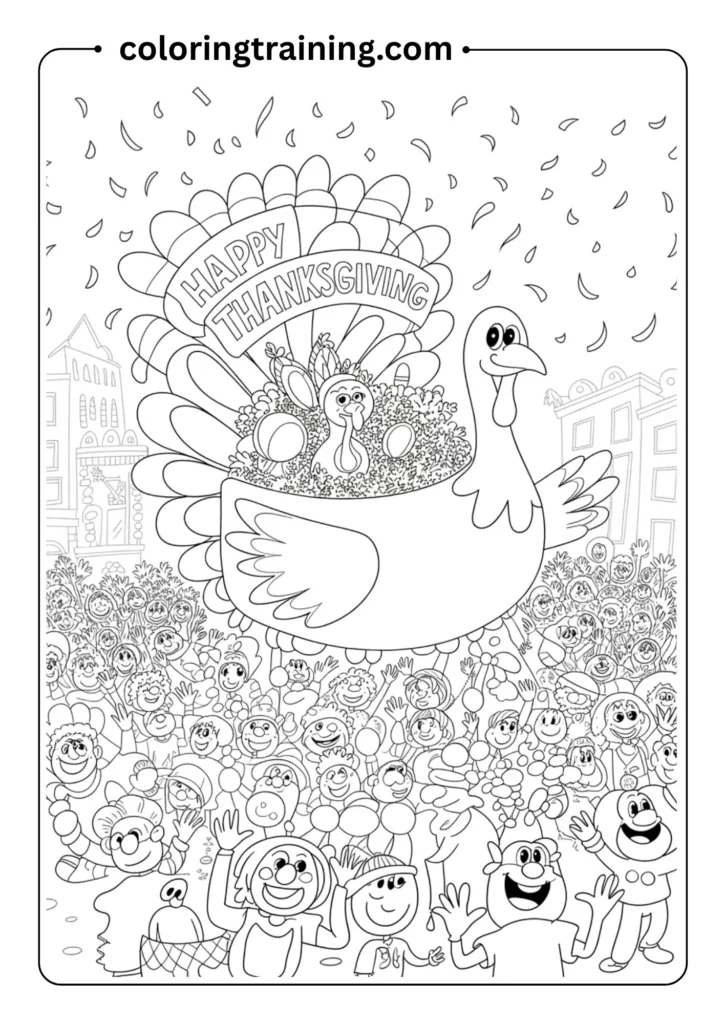 Thanksgiving parade turkey float with smiling crowd and confetti, outlined festival scene